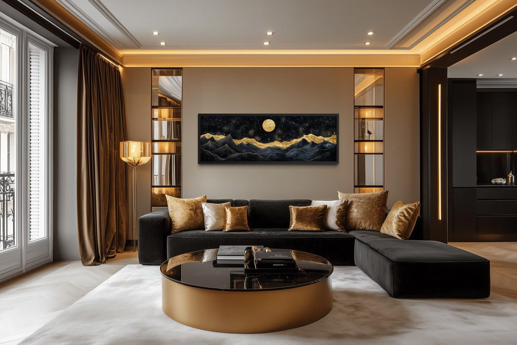 Black Gold Mountain Wall Art – Moonlit Night Landscape Canvas Print, Luxury Abstract Nature Painting