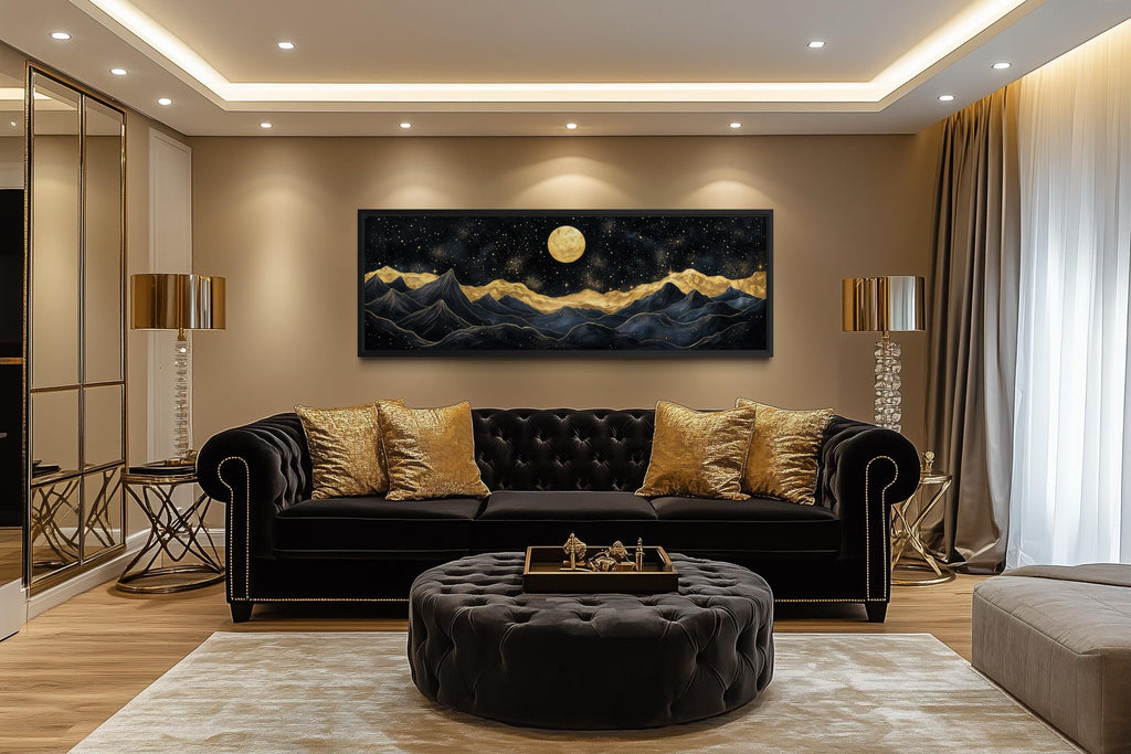 Black Gold Mountain Wall Art – Moonlit Night Landscape Canvas Print, Luxury Abstract Nature Painting