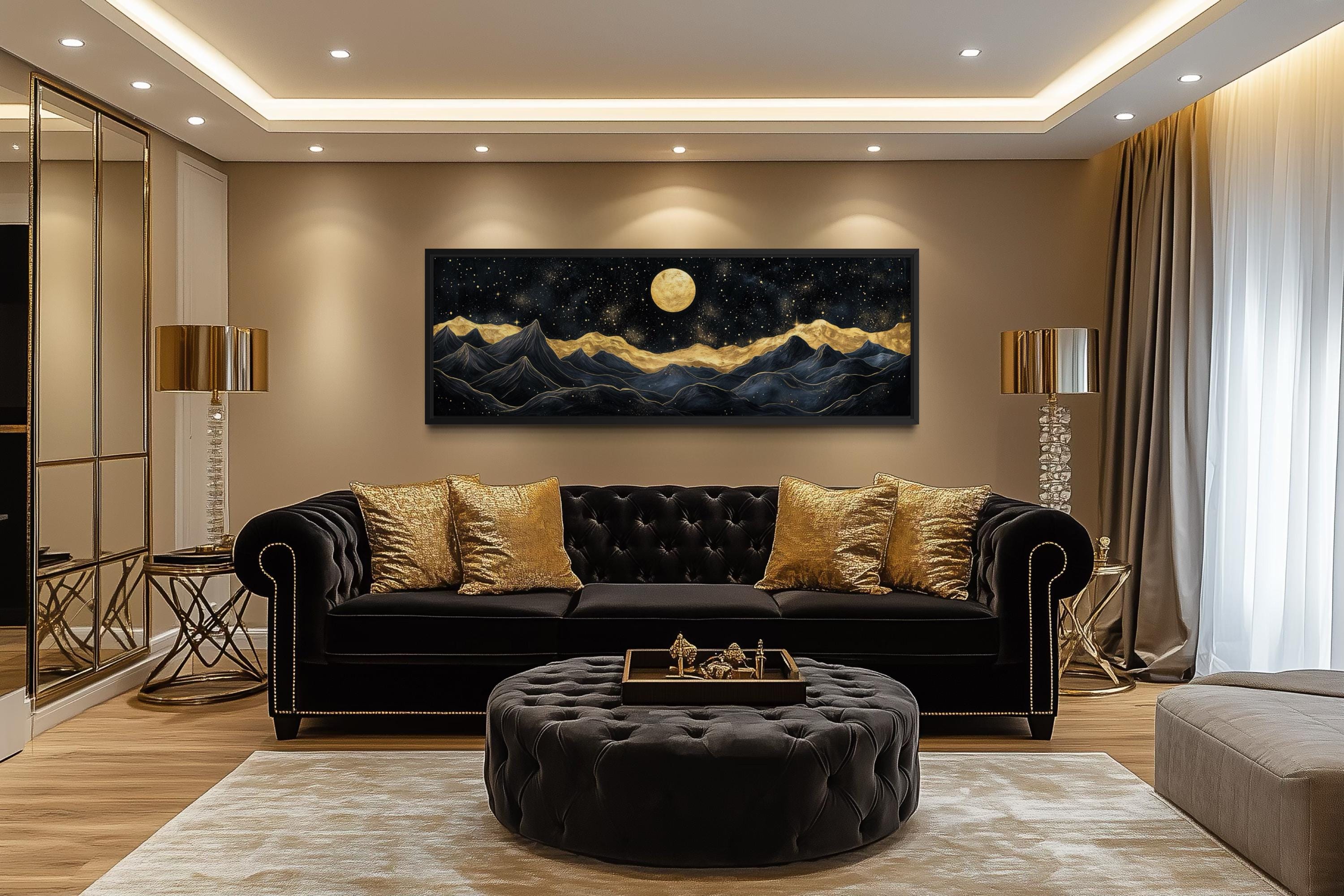 Black Gold Mountain Wall Art – Moonlit Night Landscape Canvas Print, Luxury Abstract Nature Painting