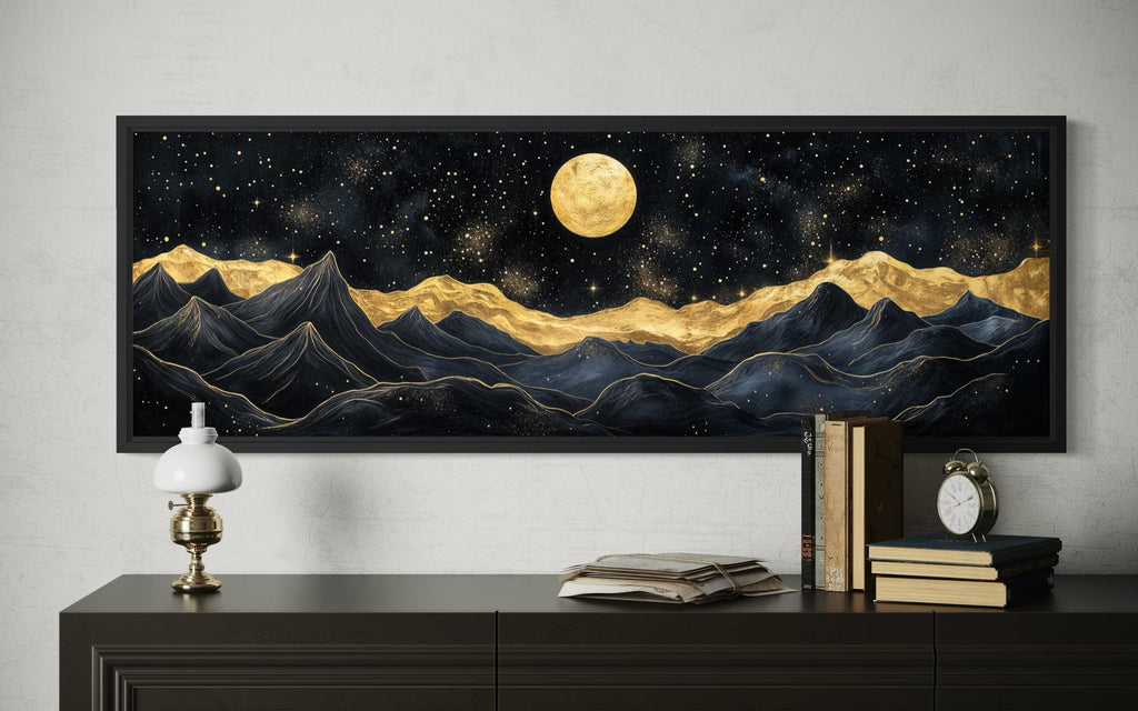 Black Gold Mountain Wall Art – Moonlit Night Landscape Canvas Print, Luxury Abstract Nature Painting