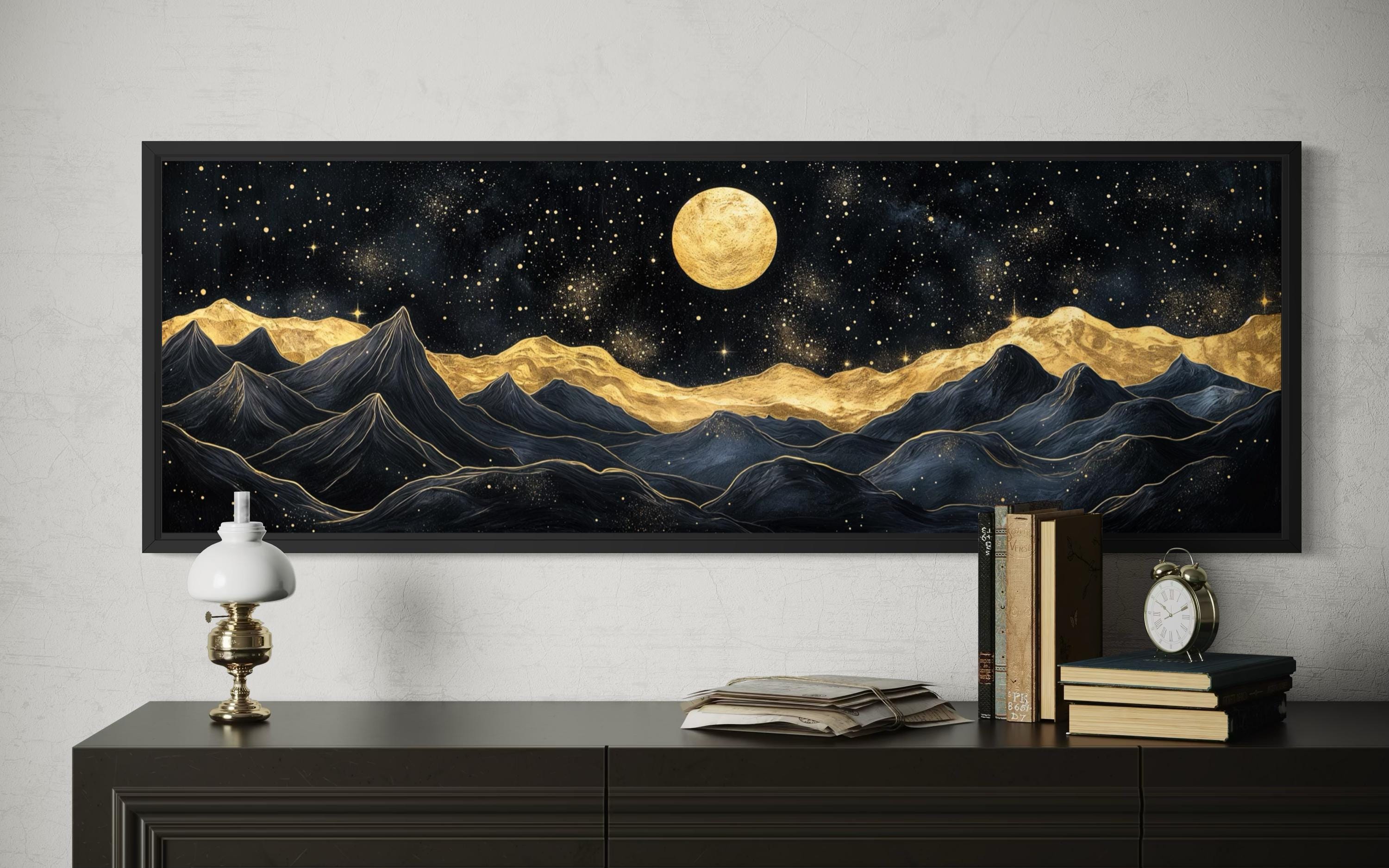 Black Gold Mountain Wall Art – Moonlit Night Landscape Canvas Print, Luxury Abstract Nature Painting