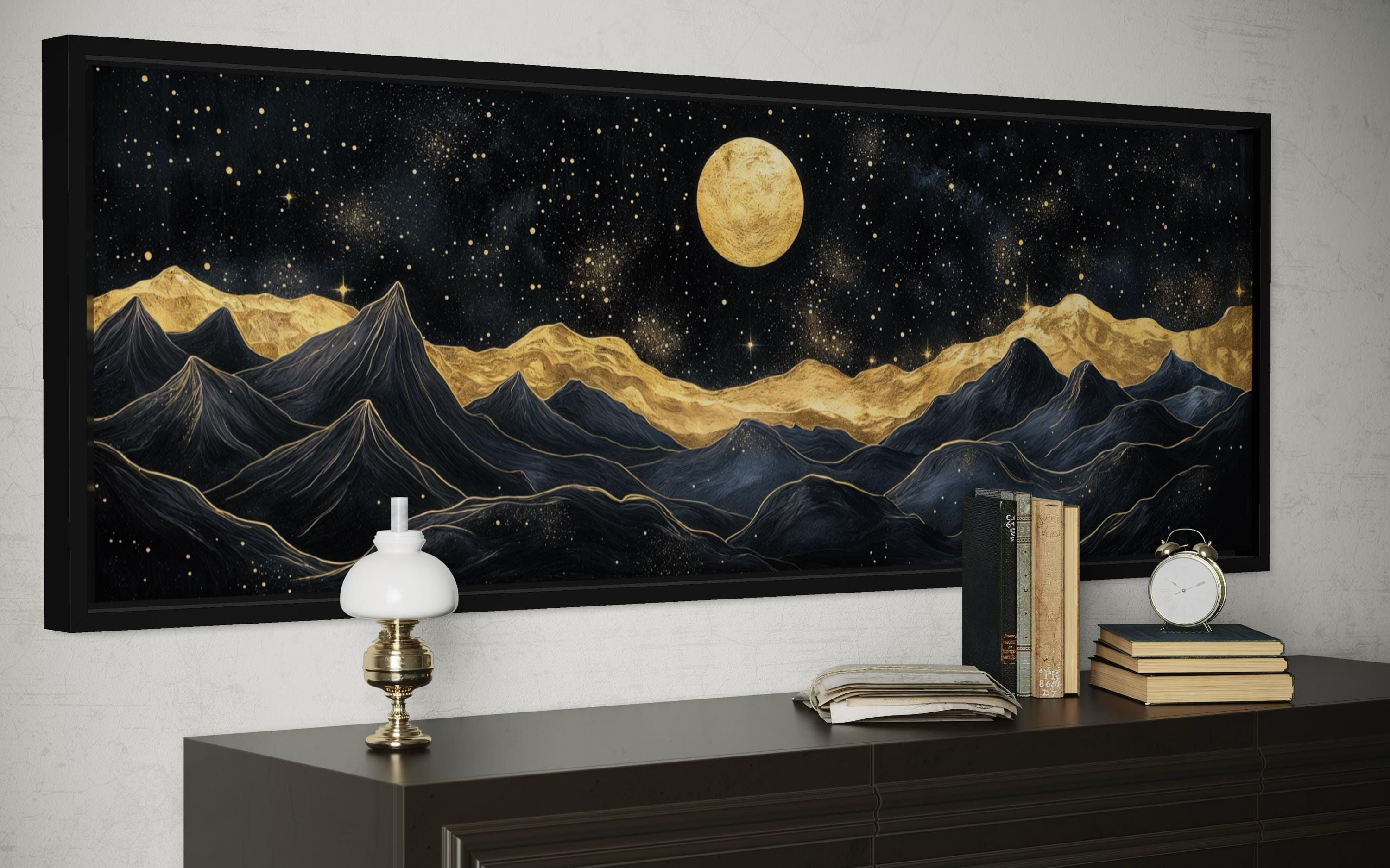 Black Gold Mountain Wall Art – Moonlit Night Landscape Canvas Print, Luxury Abstract Nature Painting