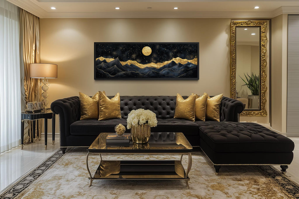 Black Gold Mountain Wall Art – Moonlit Night Landscape Canvas Print, Luxury Abstract Nature Painting