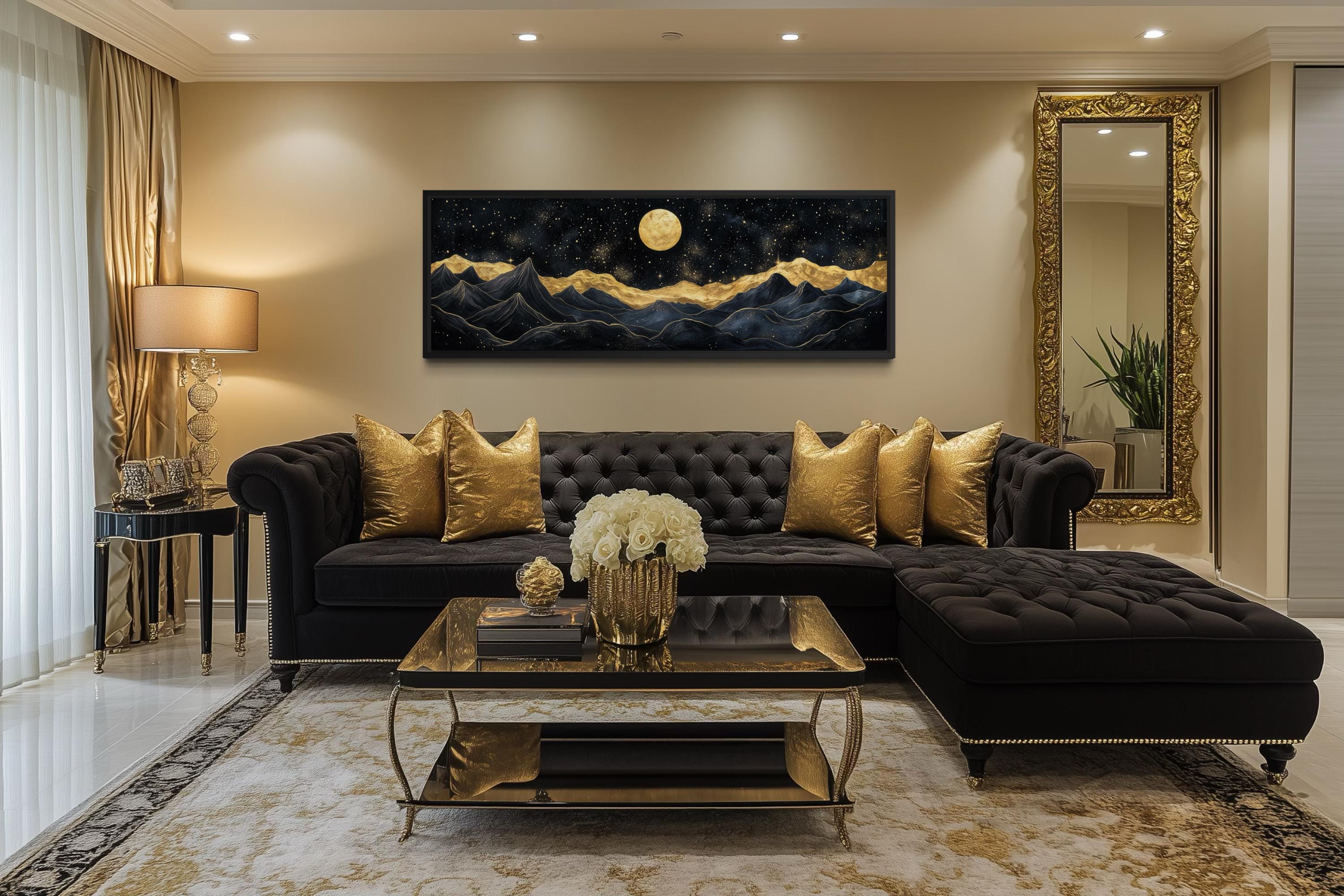 Black Gold Mountain Wall Art – Moonlit Night Landscape Canvas Print, Luxury Abstract Nature Painting