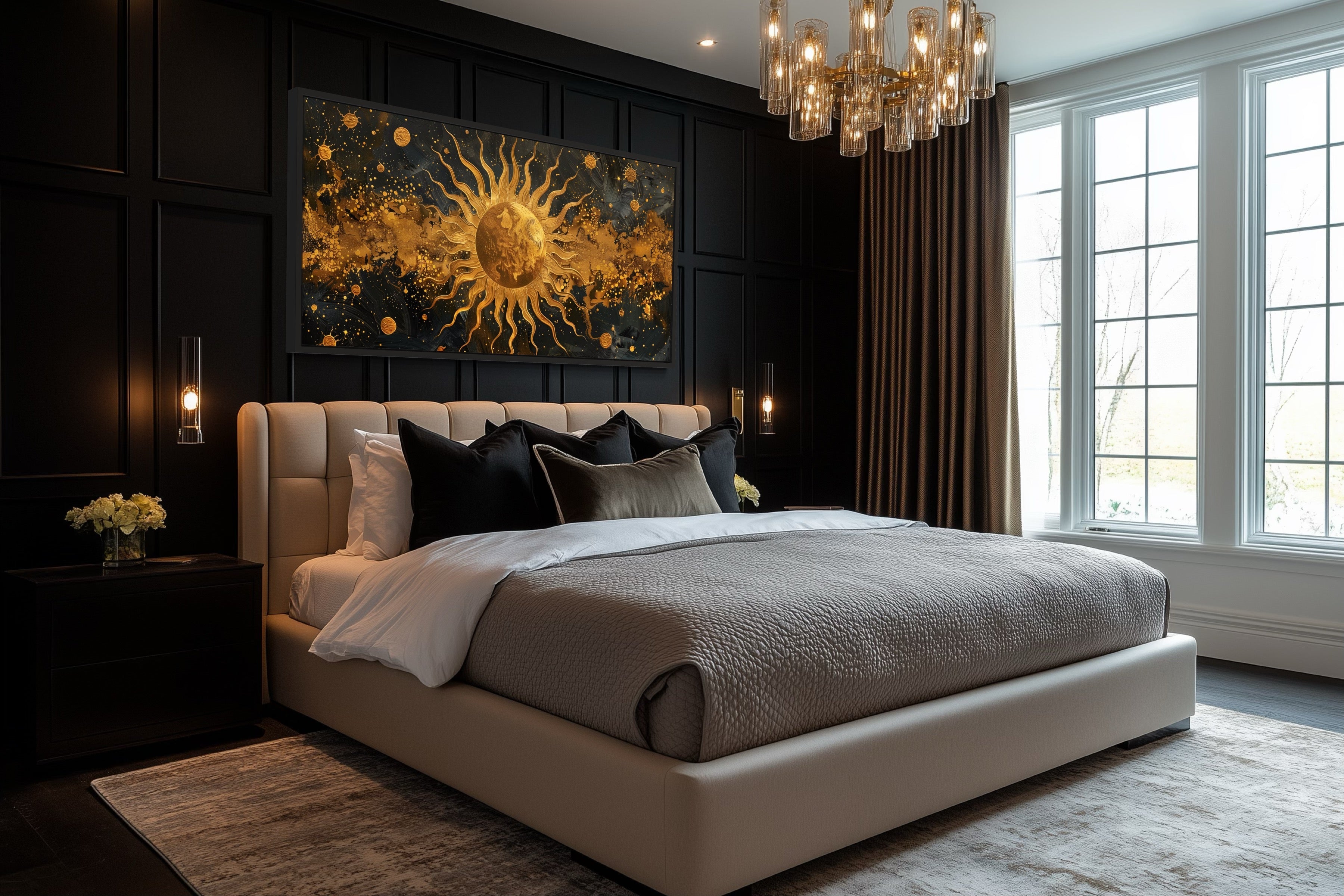 Black Gold Sun Art – Luxury Celestial Wall Art | Framed Canvas Print