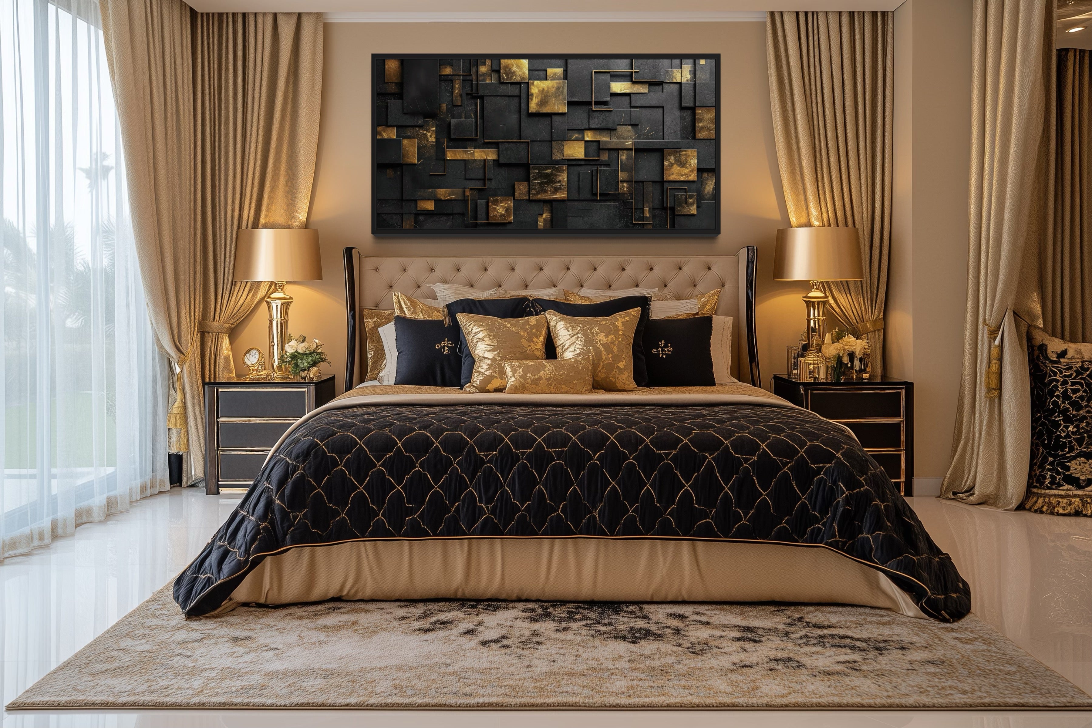 Black Gold Wall Art - Abstract Canvas Art | Geometric Framed Print for Modern Interiors