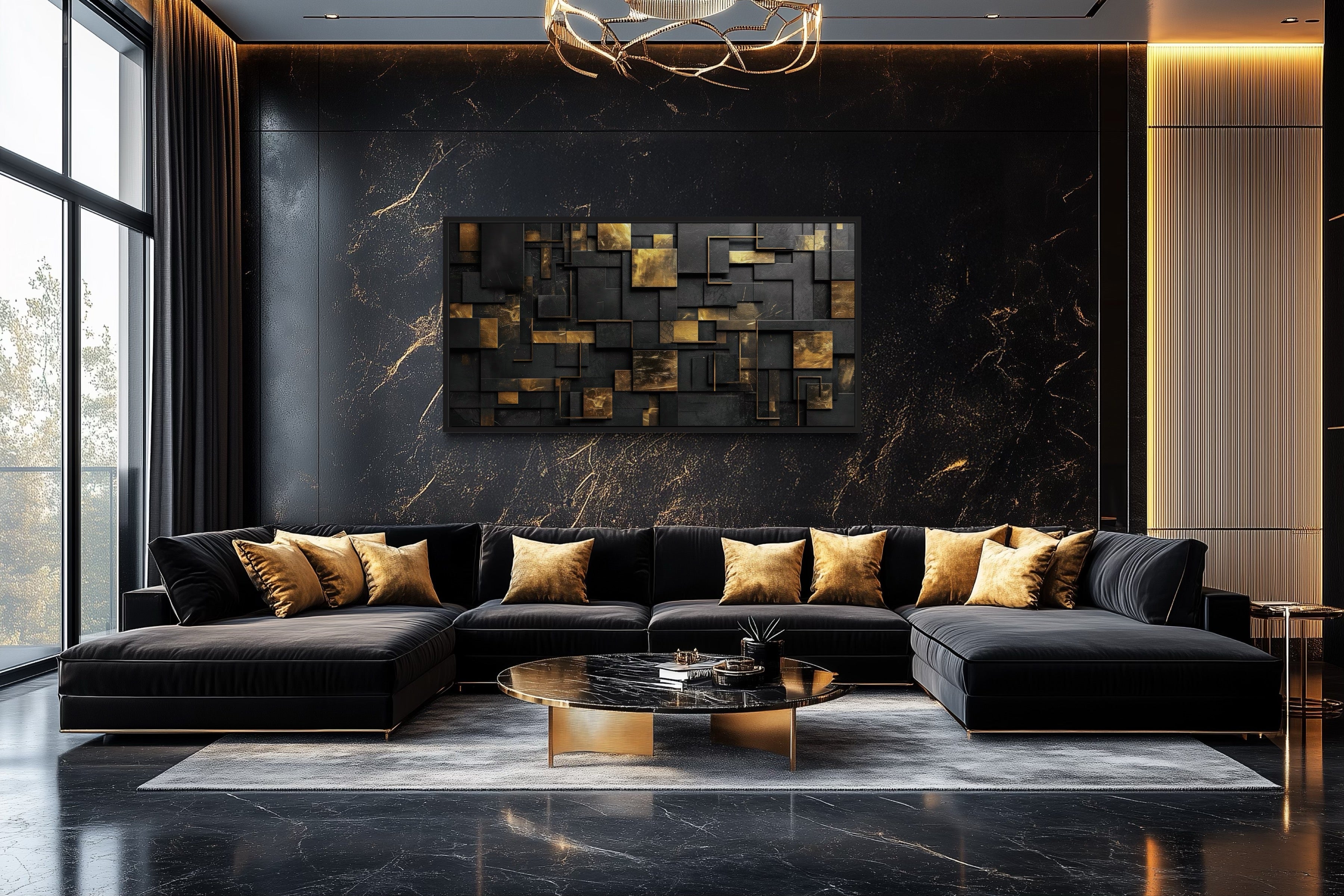 Black Gold Wall Art - Abstract Canvas Art | Geometric Framed Print for Modern Interiors