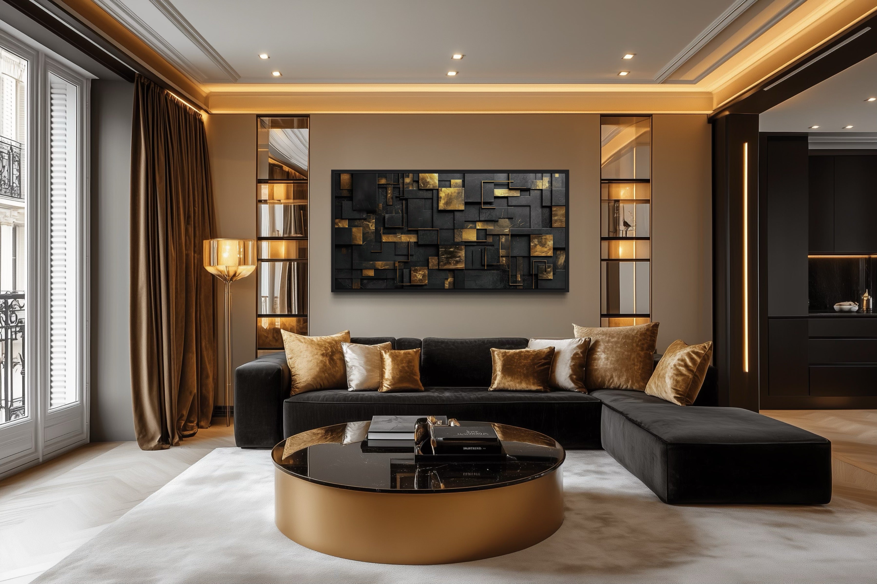 Black Gold Wall Art - Abstract Canvas Art | Geometric Framed Print for Modern Interiors