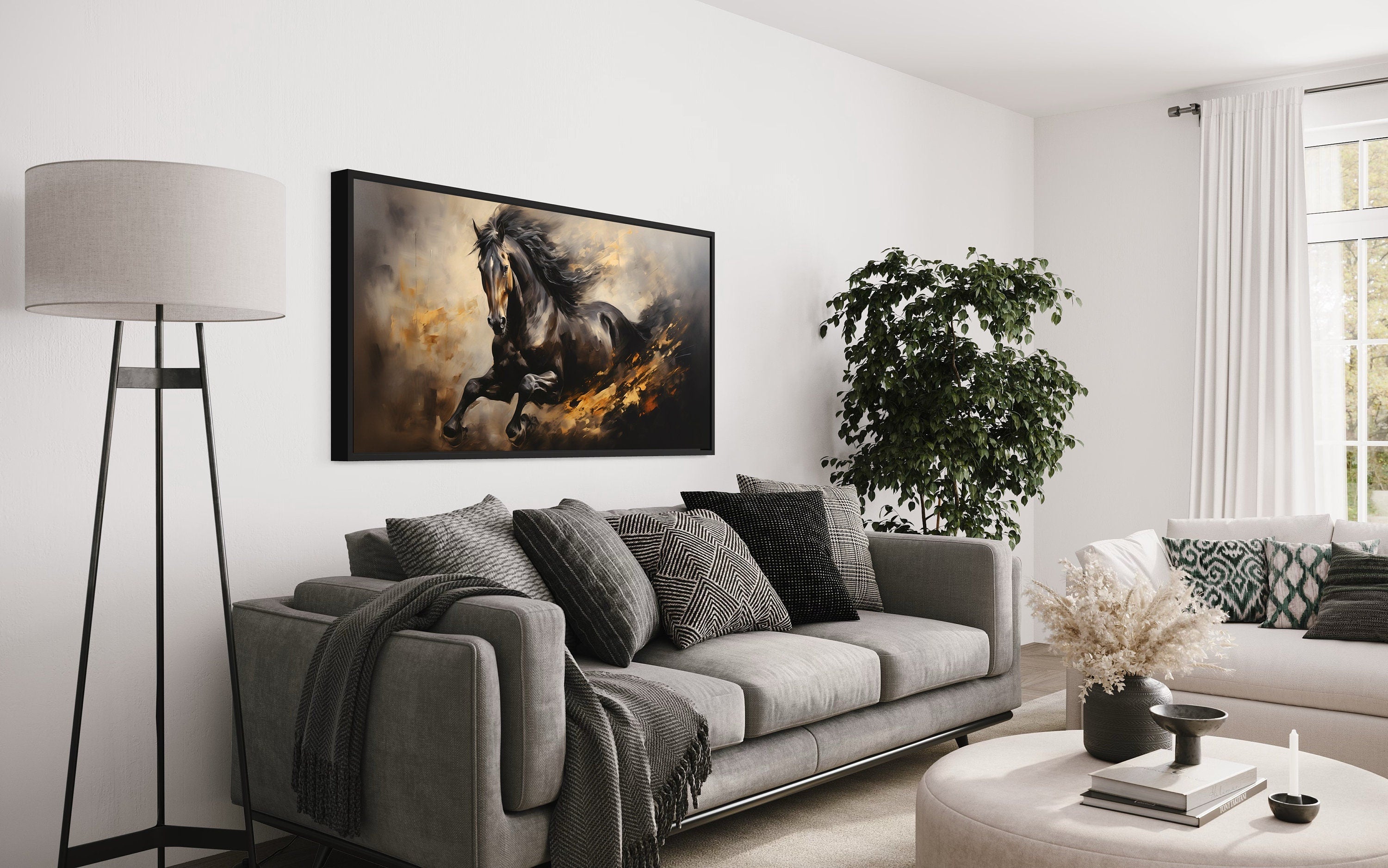 Black Horse Galloping Extra Large Framed Canvas Wall Art