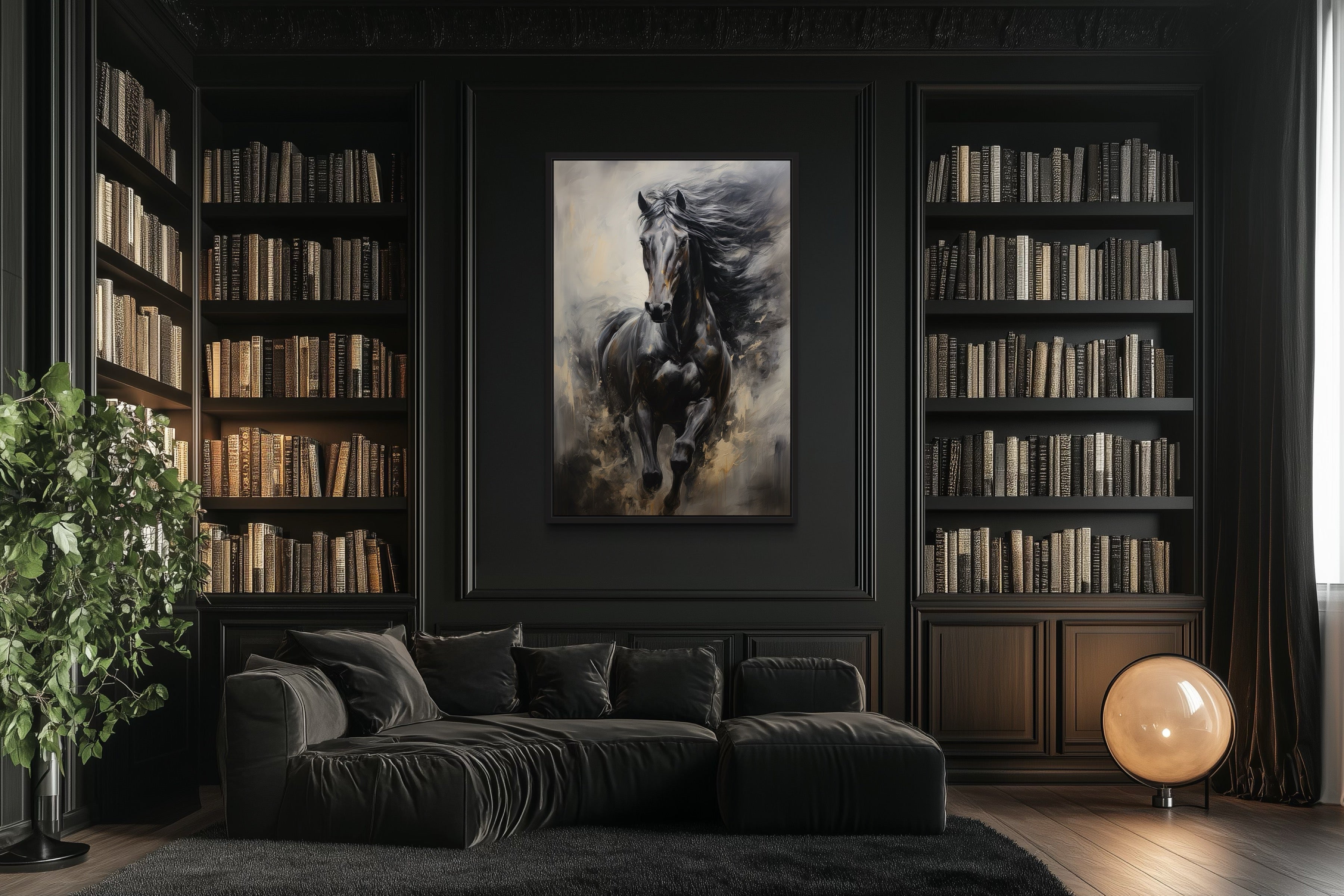 Black Horse Modern Abstract Vertical Painting Extra Large Framed Canvas Wall Art