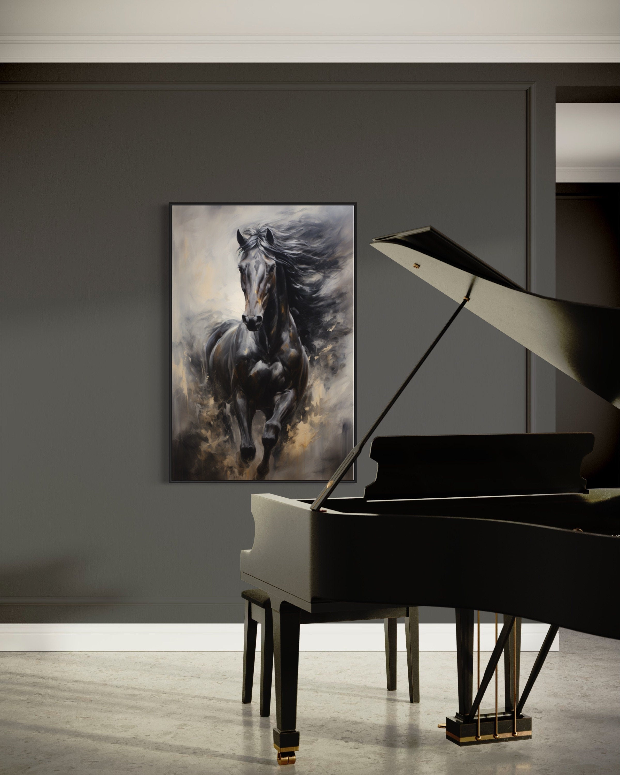 Black Horse Modern Abstract Vertical Painting Extra Large Framed Canvas Wall Art
