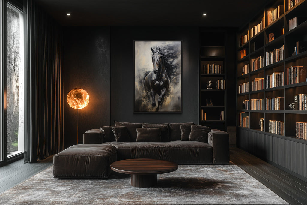Black Horse Modern Abstract Vertical Painting Extra Large Framed Canvas Wall Art