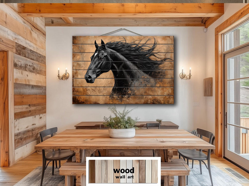 Black Horse Portrait Real Wood Wall Art