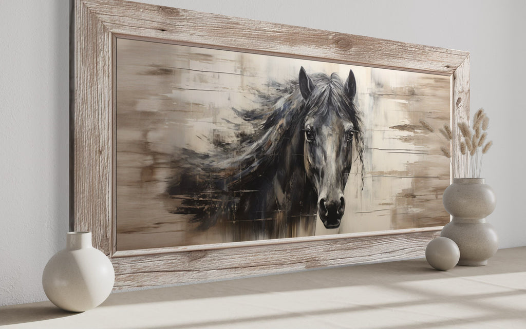 Black Horse Wall Art - Rustic Horse Canvas Print | Wood Framed Farmhouse Decor
