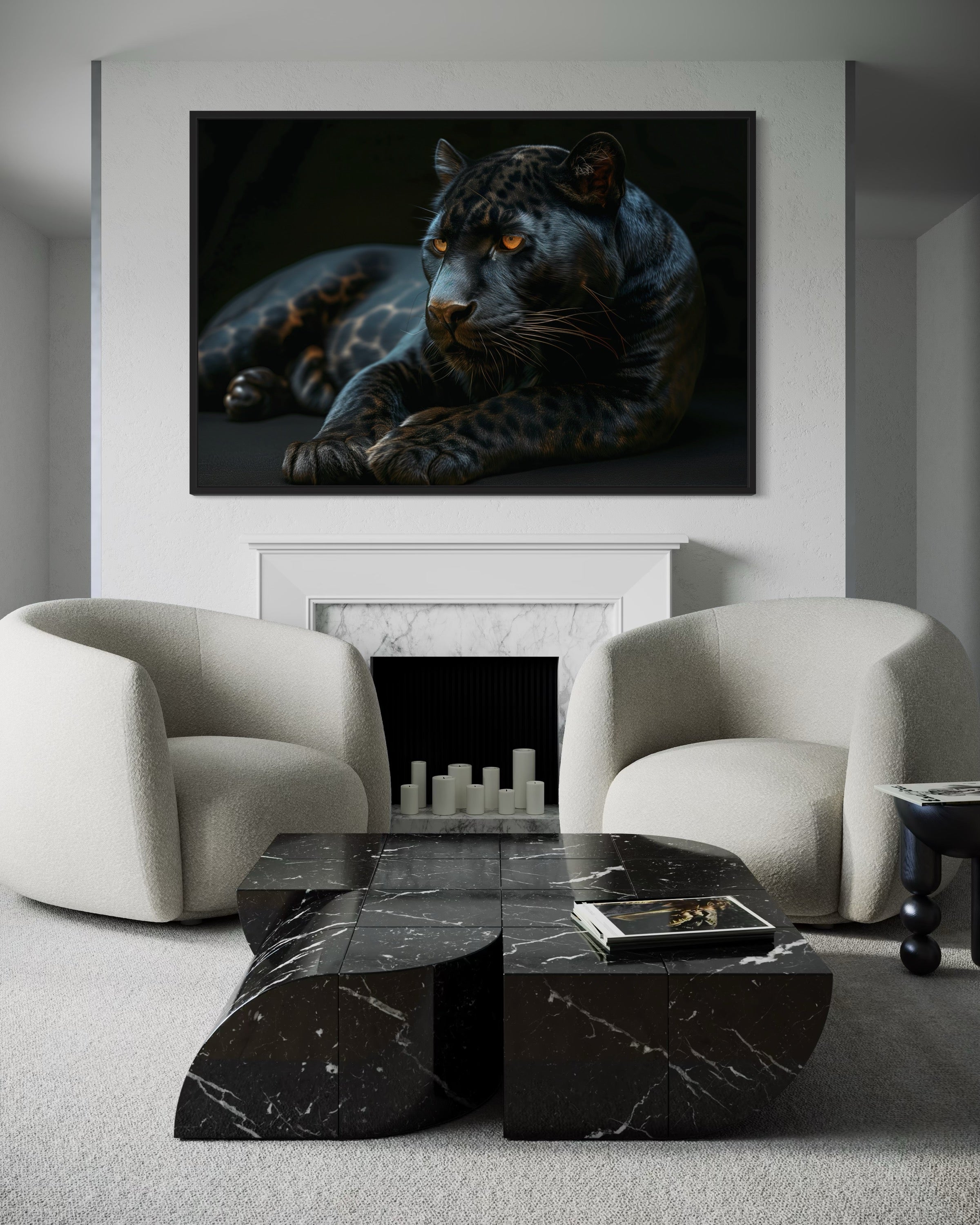 Black Panther On Black Background Framed Canvas Wall Art