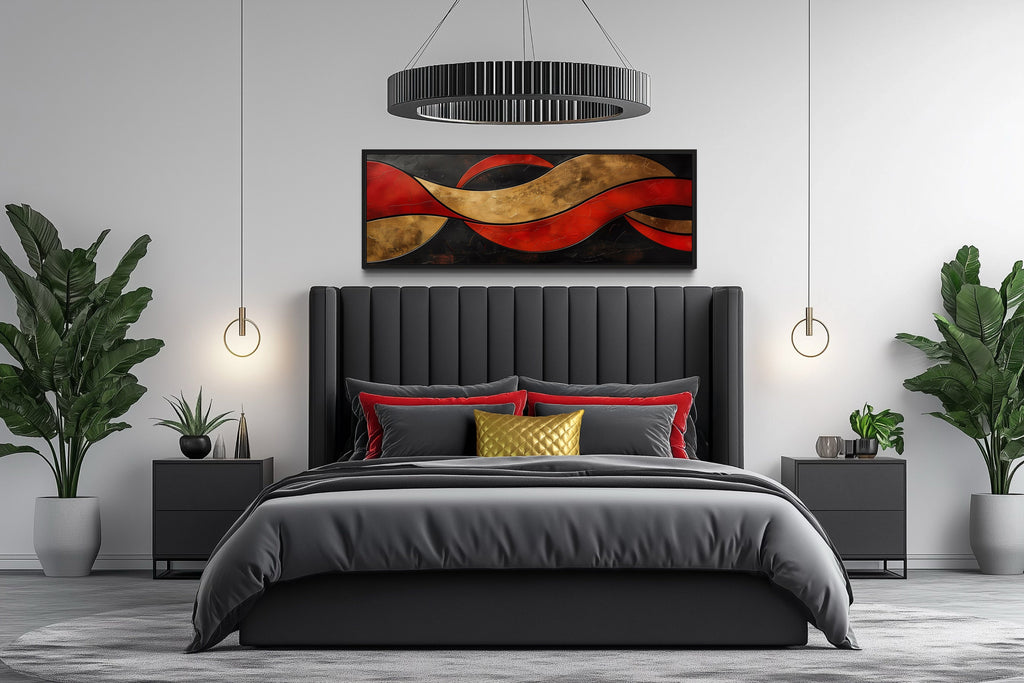 Black Red Gold Geometric Modern Horizontal Above Bed Wall Art