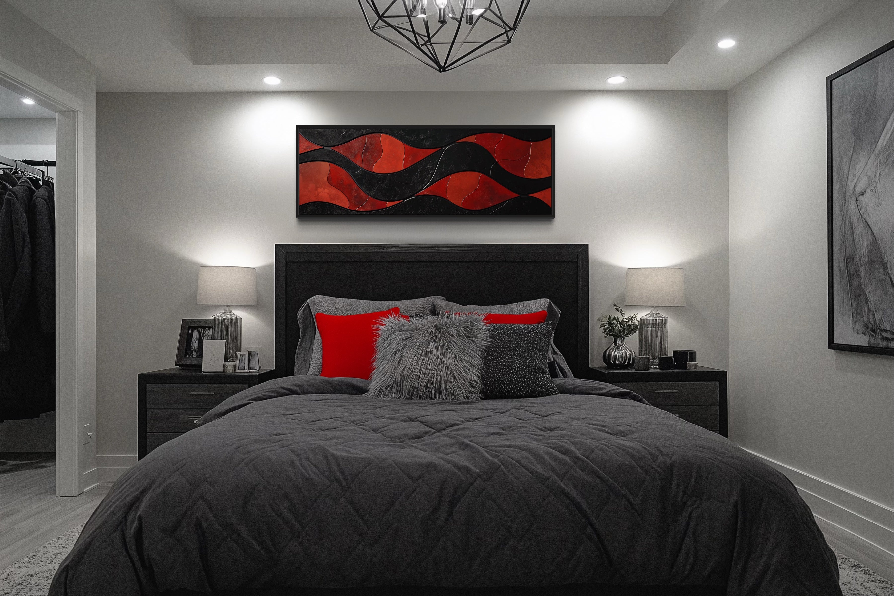 Black Red Modern Abstract Above Bed Horizontal Framed Canvas Wall Art