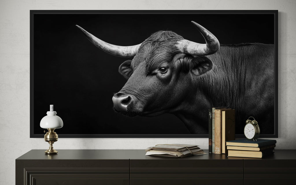 Black Spanish Bull Photograph Extra Large Framed Canvas Wall Art