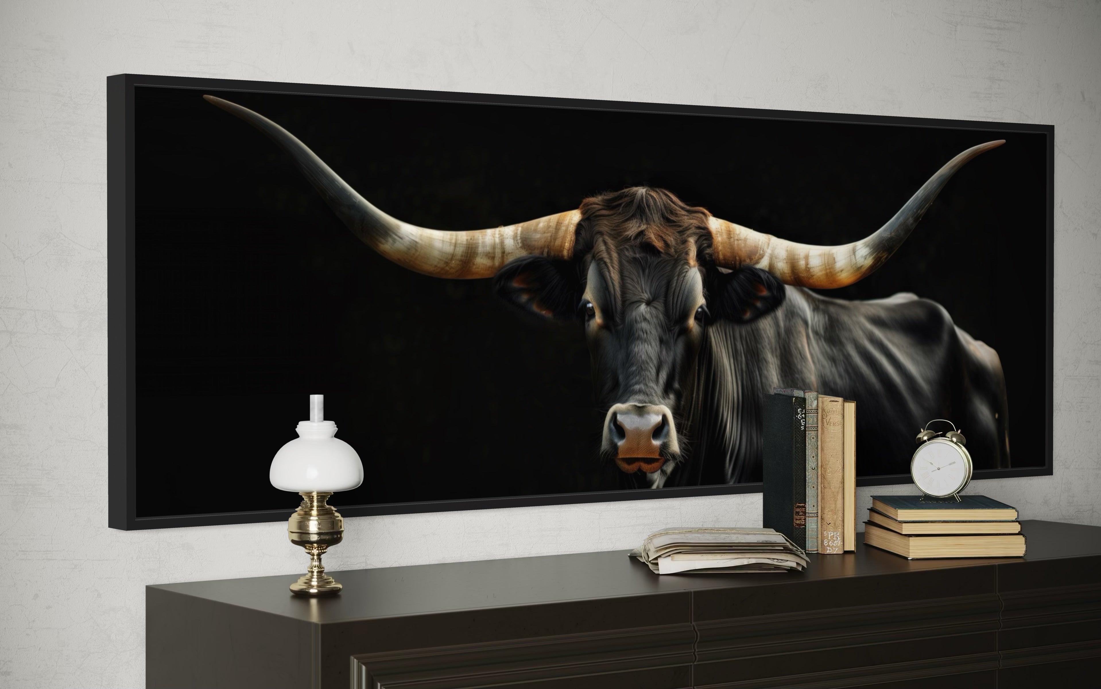 Black Texas Longhorn Cow Long  Horizontal Framed Canvas Wall Art