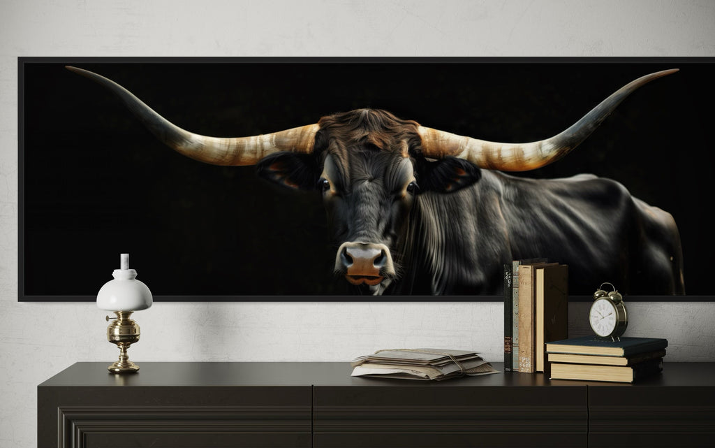 Black Texas Longhorn Cow Long  Horizontal Framed Canvas Wall Art