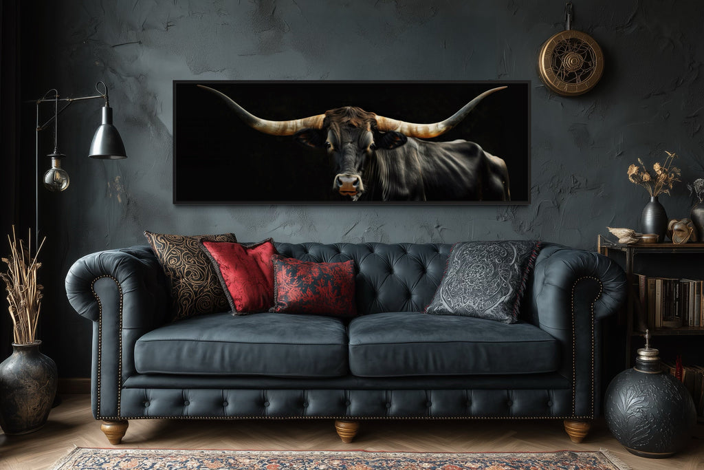 Black Texas Longhorn Cow Long  Horizontal Framed Canvas Wall Art
