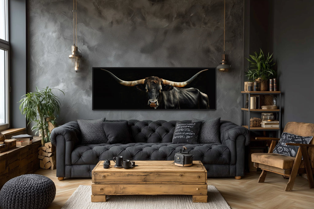 Black Texas Longhorn Cow Long  Horizontal Framed Canvas Wall Art