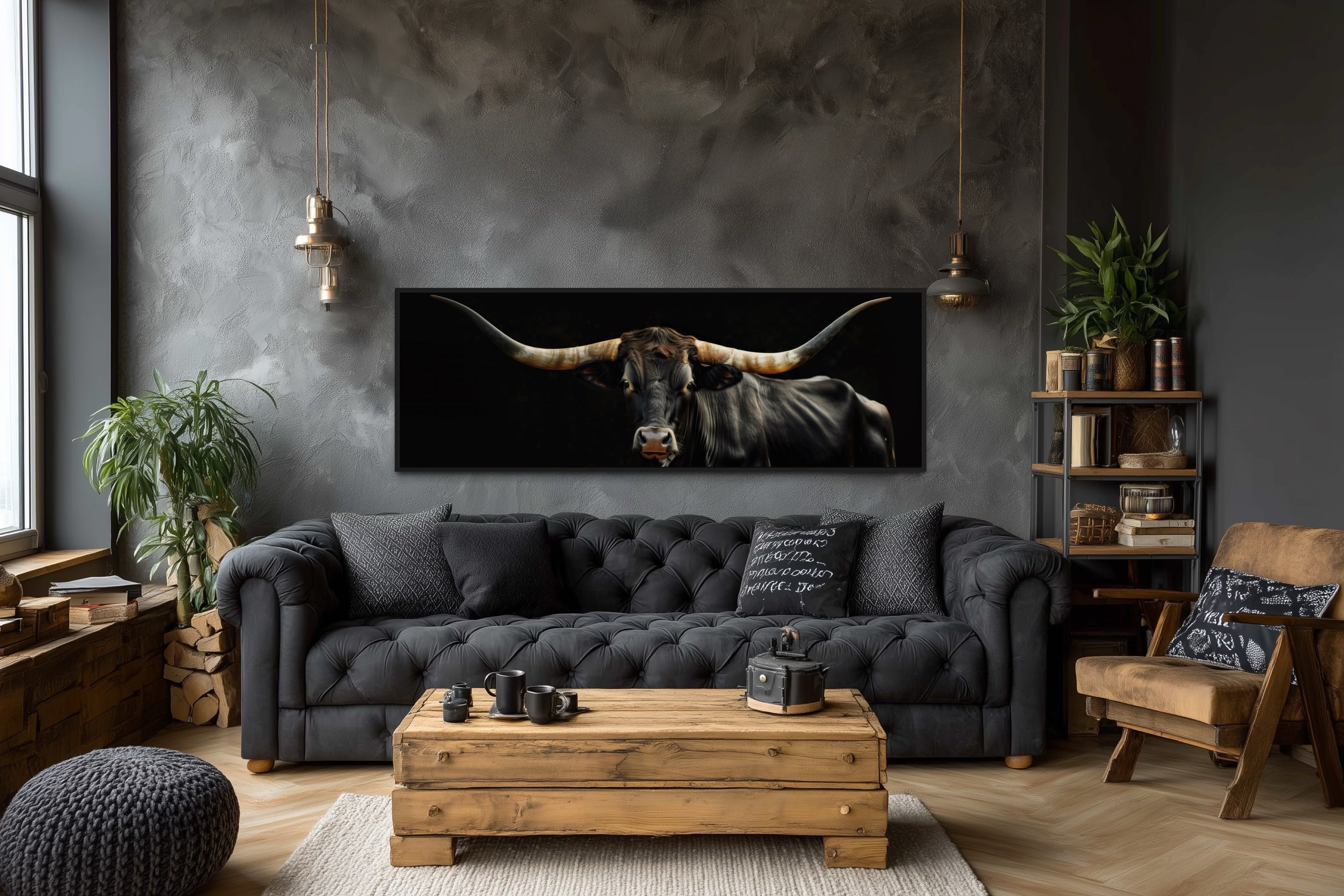 Black Texas Longhorn Cow Long  Horizontal Framed Canvas Wall Art