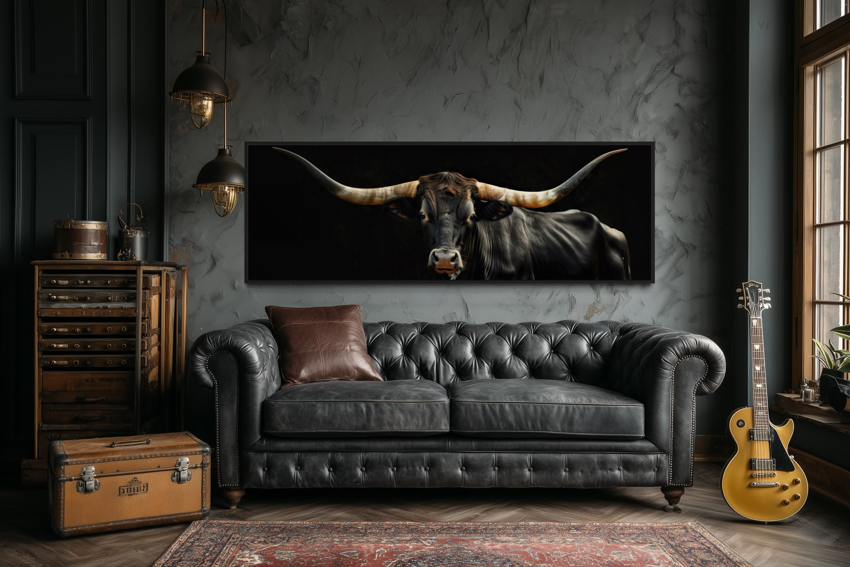 Black Texas Longhorn Cow Long  Horizontal Framed Canvas Wall Art