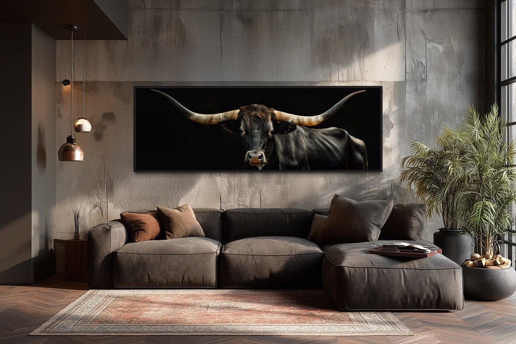 Black Texas Longhorn Cow Long  Horizontal Framed Canvas Wall Art