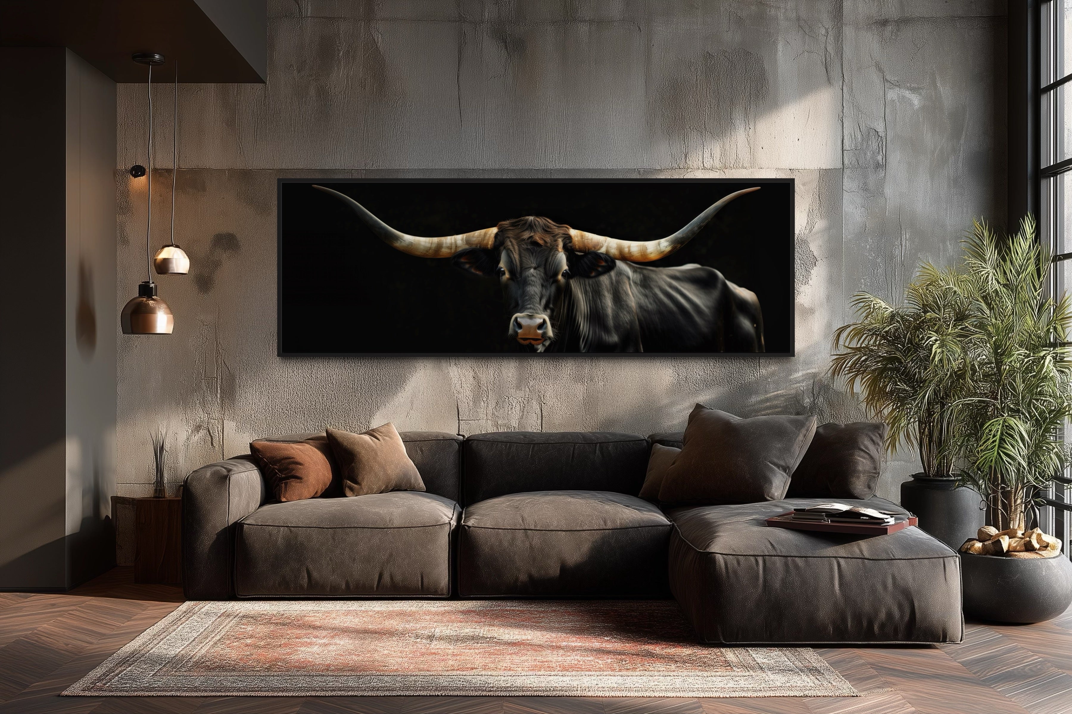 Black Texas Longhorn Cow Long  Horizontal Framed Canvas Wall Art