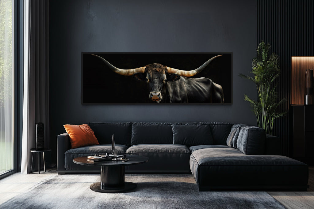 Black Texas Longhorn Cow Long  Horizontal Framed Canvas Wall Art
