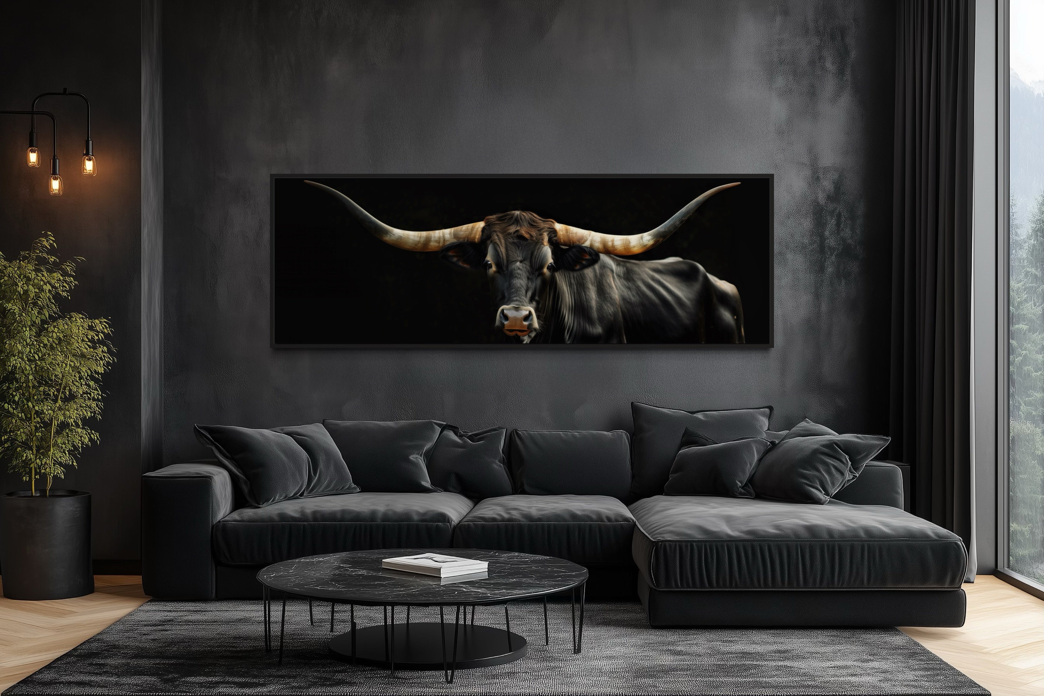 Black Texas Longhorn Cow Long  Horizontal Framed Canvas Wall Art