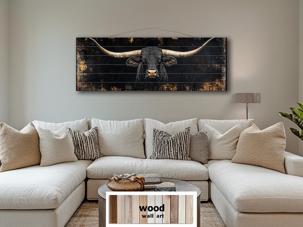 Black Texas Longhorn Long Narrow Real Wood Wall Art