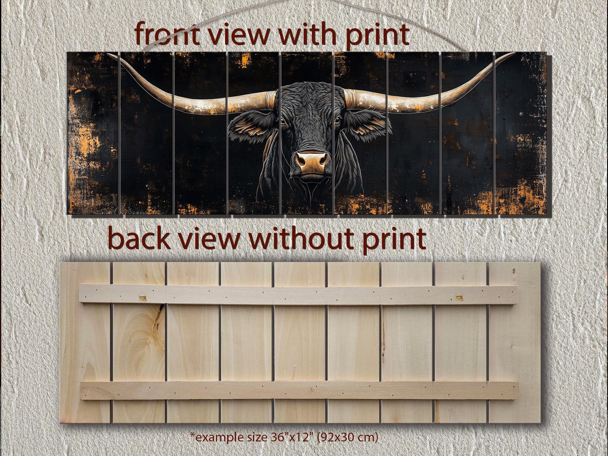 Black Texas Longhorn Long Narrow Real Wood Wall Art