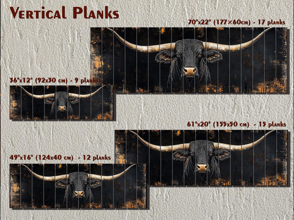 Black Texas Longhorn Long Narrow Real Wood Wall Art