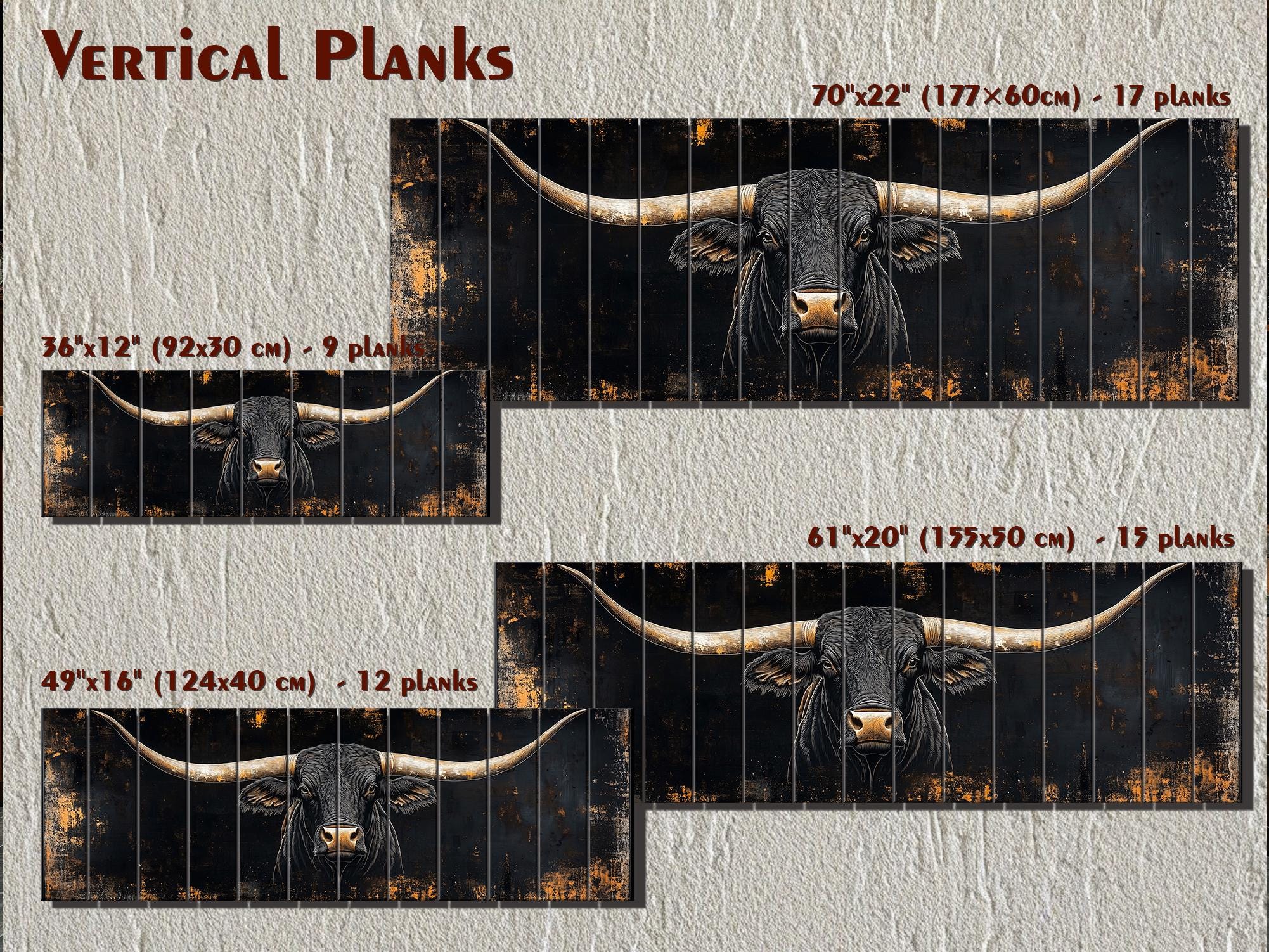 Black Texas Longhorn Long Narrow Real Wood Wall Art