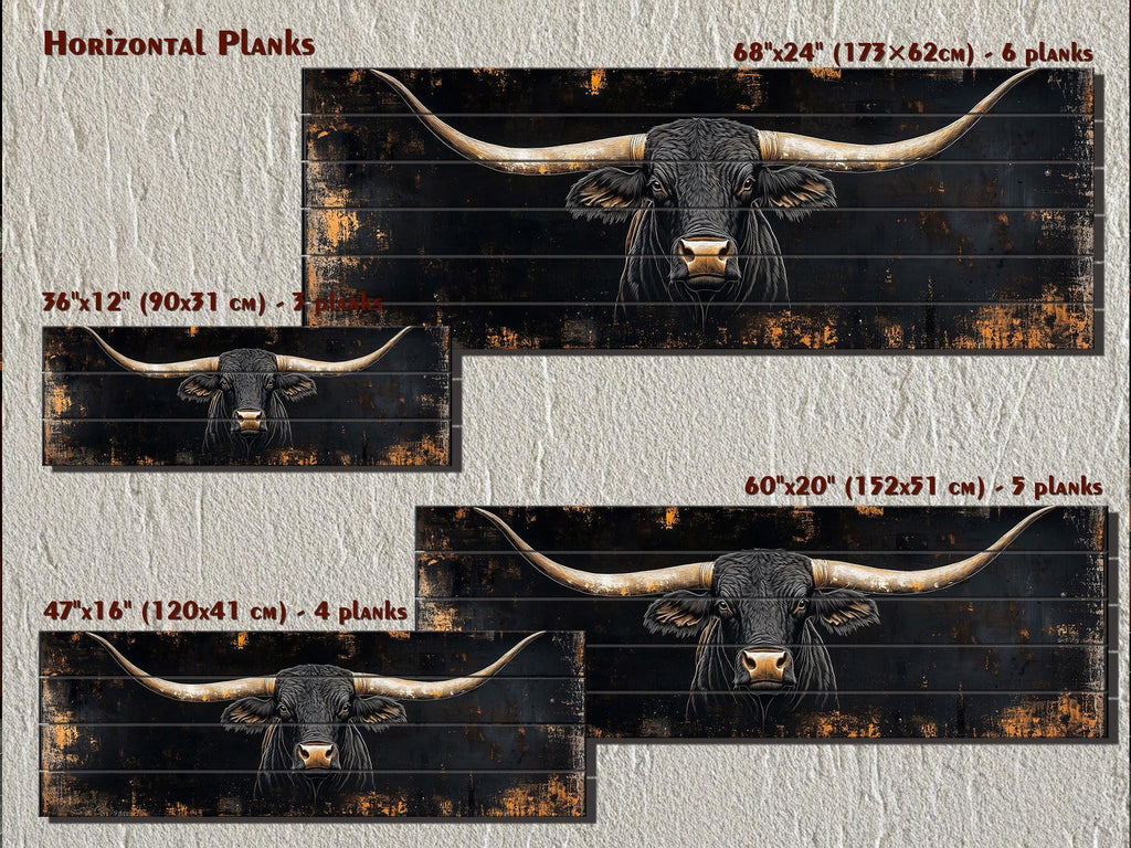 Black Texas Longhorn Long Narrow Real Wood Wall Art