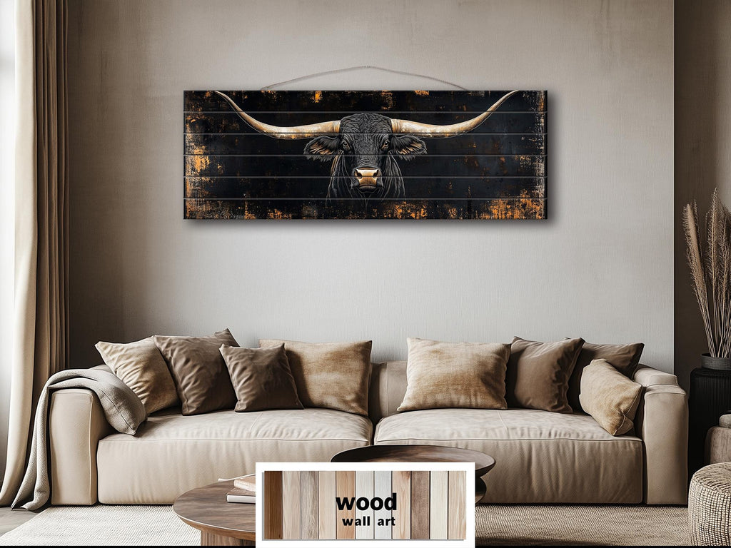 Black Texas Longhorn Long Narrow Real Wood Wall Art