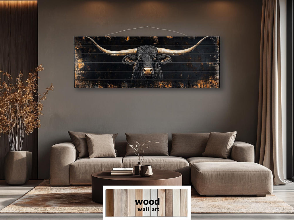 Black Texas Longhorn Long Narrow Real Wood Wall Art