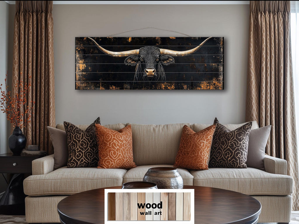 Black Texas Longhorn Long Narrow Real Wood Wall Art