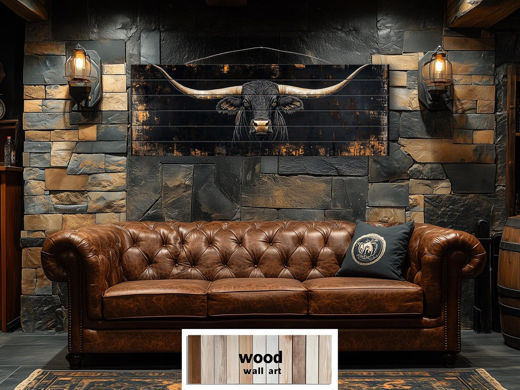 Black Texas Longhorn Long Narrow Real Wood Wall Art
