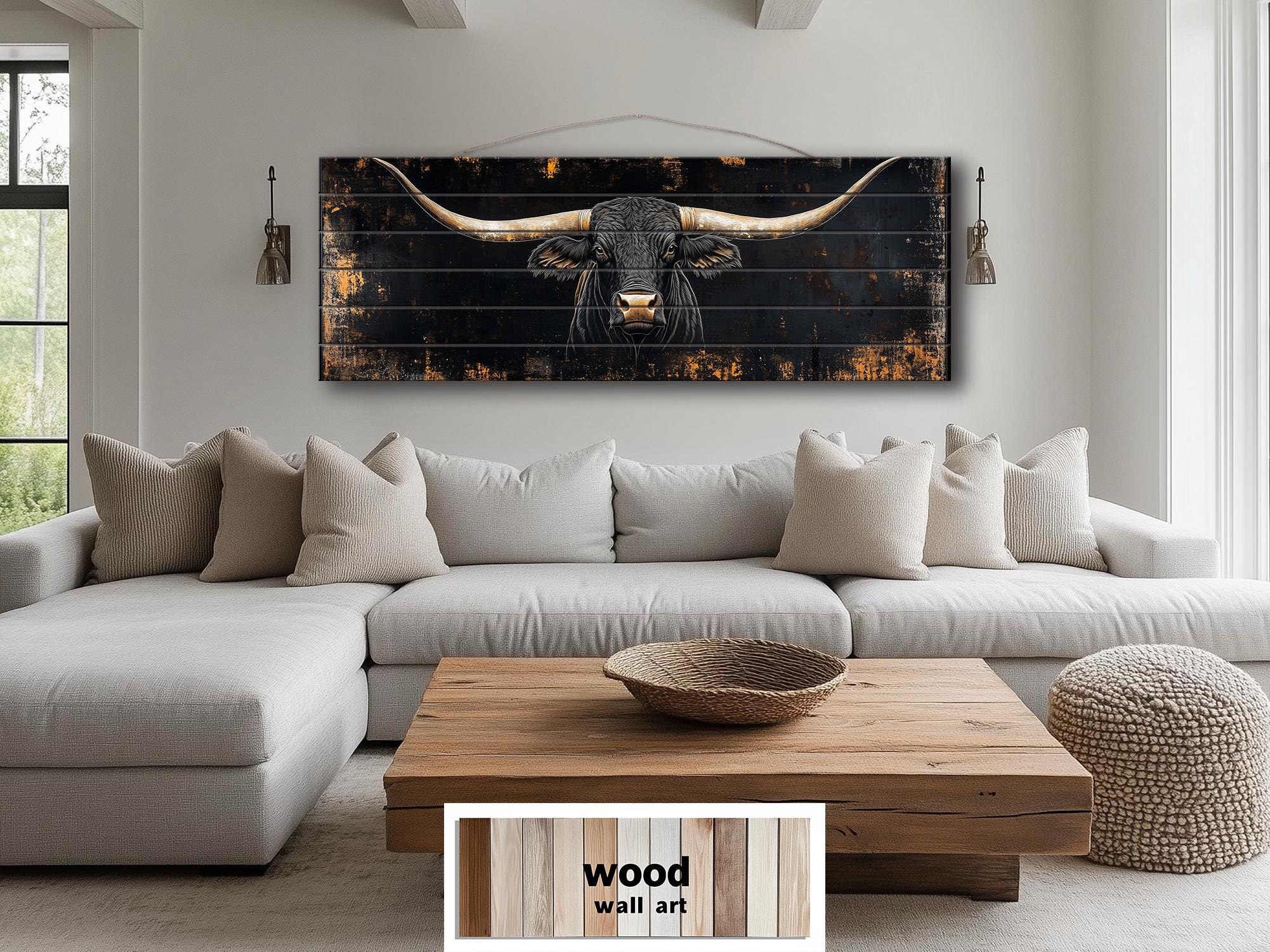 Black Texas Longhorn Long Narrow Real Wood Wall Art