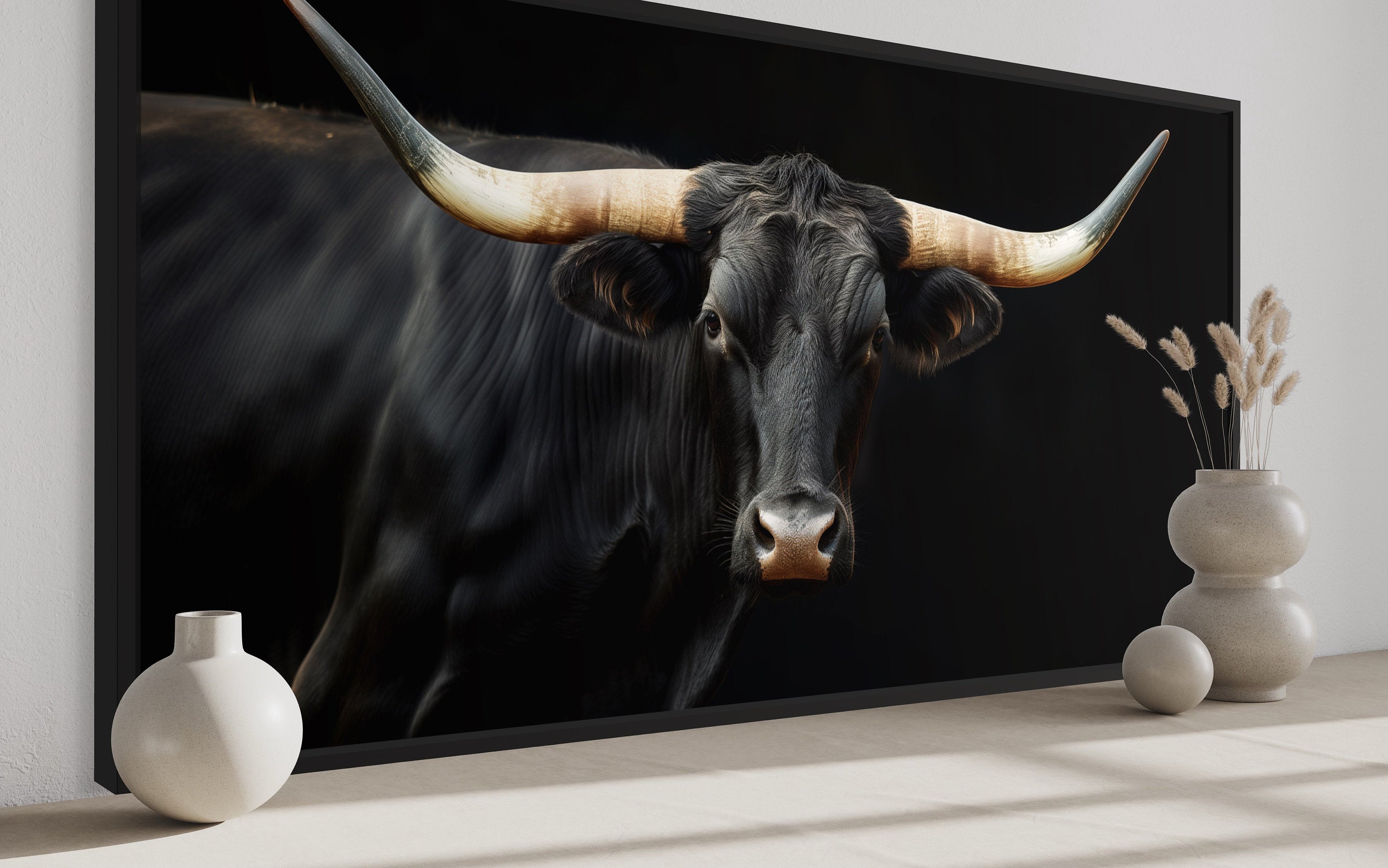 Black Texas Longhorn Wall Art - Extra Large Framed Canvas Print | Rustic Western Decor