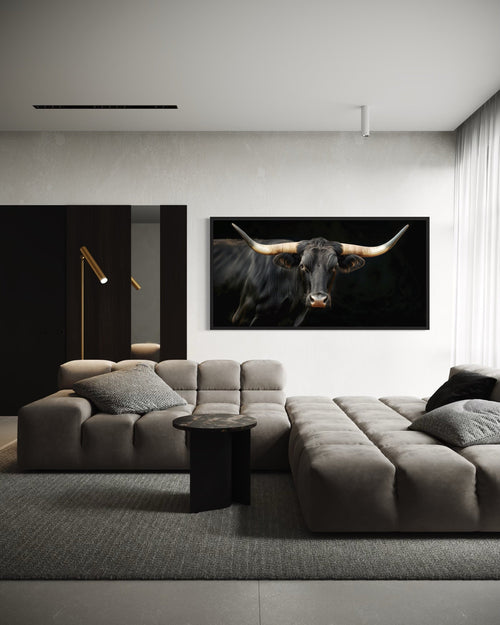 Black Texas Longhorn Wall Art - Extra Large Framed Canvas Print | Rustic Western Decor