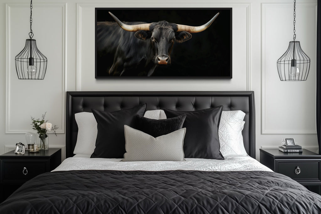 Black Texas Longhorn Wall Art - Extra Large Framed Canvas Print | Rustic Western Decor