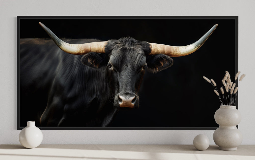 Black Texas Longhorn Wall Art - Extra Large Framed Canvas Print | Rustic Western Decor