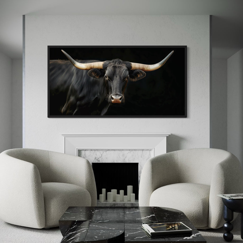 Black Texas Longhorn Wall Art - Extra Large Framed Canvas Print | Rustic Western Decor