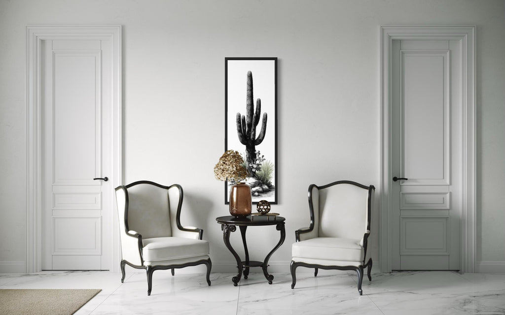 Black White Green Saguaro Cactus Wall Art - Tall Narrow Desert Canvas