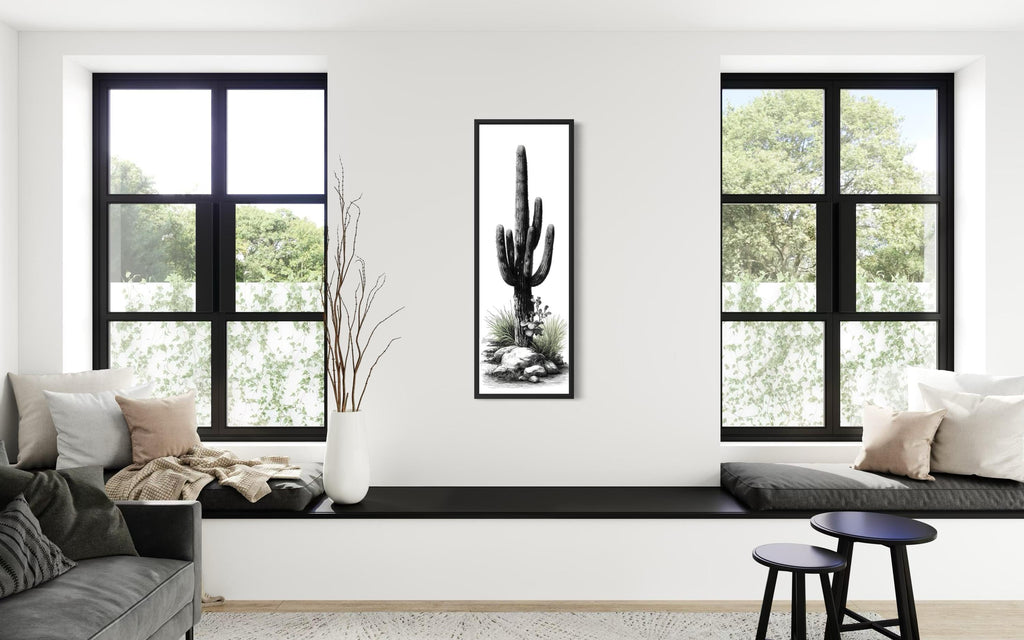 Black White Green Saguaro Cactus Wall Art - Tall Narrow Desert Canvas