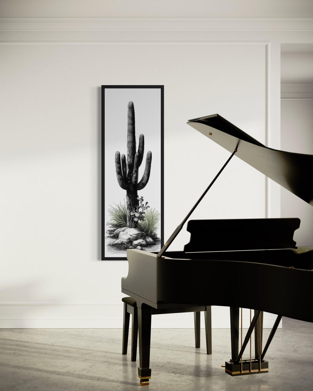 Black White Green Saguaro Cactus Wall Art - Tall Narrow Desert Canvas